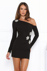 Noir Bloom Off Shoulder Long Sleeve Mini Dress Black