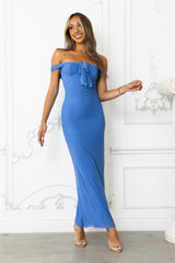 Stepping Back Off Shoulder Mesh Maxi Dress Blue