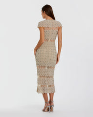 Beige Embellished Mesh Fitted Midi Dress With Sheer Panels