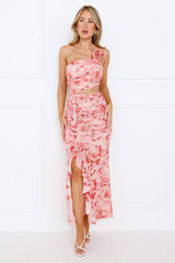 Rebel Rose One Shoulder Mesh Maxi Dress Pink