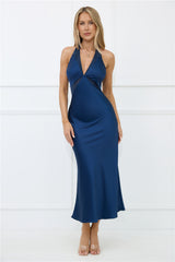 Nocturnal Bloom Satin Halter Maxi Dress Navy