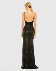 Black Metallic Faux Wrap Spaghetti Strap Gown