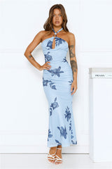 Petal Dusk Mesh Halter Maxi Dress Blue