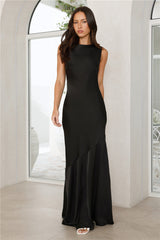Whimsical Roses Satin Maxi Dress Black