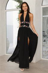 Maldives Garden Halter Maxi Dress Black