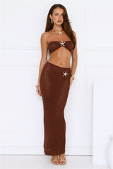 Moonlit Shores Strapless Crochet Crop Top Chocolate