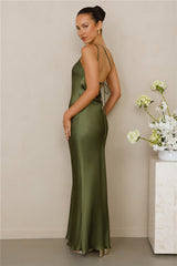 The Evangeline One Shoulder Satin Maxi Dress Olive