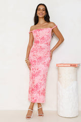 Runway Energy Mesh Off Shoulder Midi Dress Pink