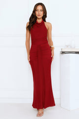 Night Tease Halter Mesh Maxi Dress Burgundy
