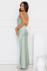 Spiced Sunset Satin Halter Maxi Dress Sage