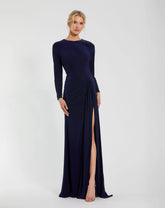 Navy Long Sleeve Fitted Jersey Gown With Ruched Waist