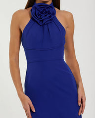 Blue Sleeveless Halter Neck Gown with Rosette Detail