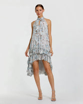 High Neck Keyhole A-Line Floral Ruffle Mini Dress