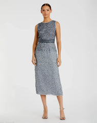 Gray Sleeveless High Neck Beaded Midi Sheath Dress - FINAL SALE