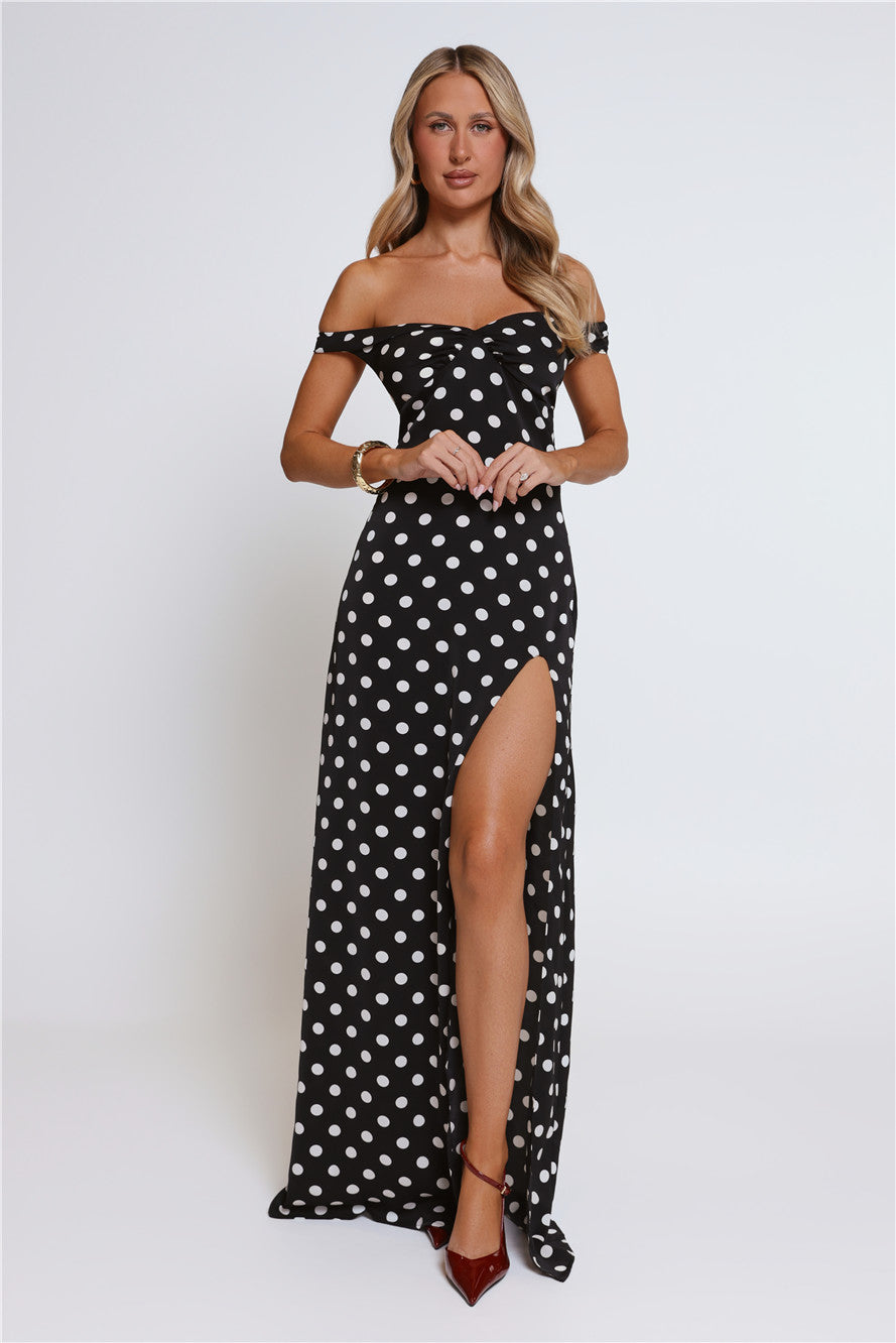 Trending Live Off Shoulder Polka Dot Maxi Dress Black