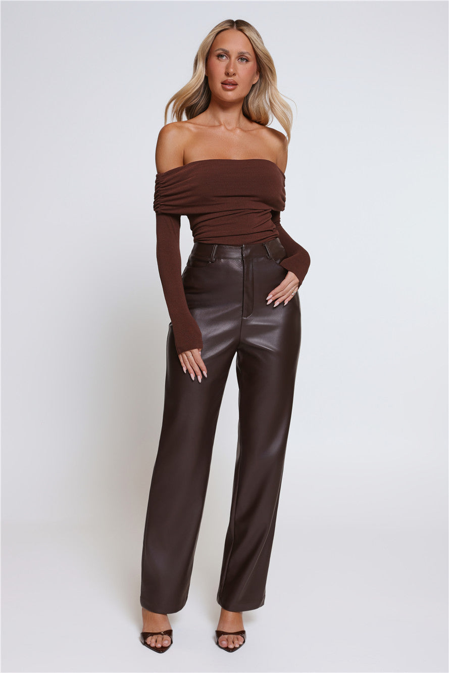 Mind Made Up Off Shoulder Long Sleeve Top Chocolate