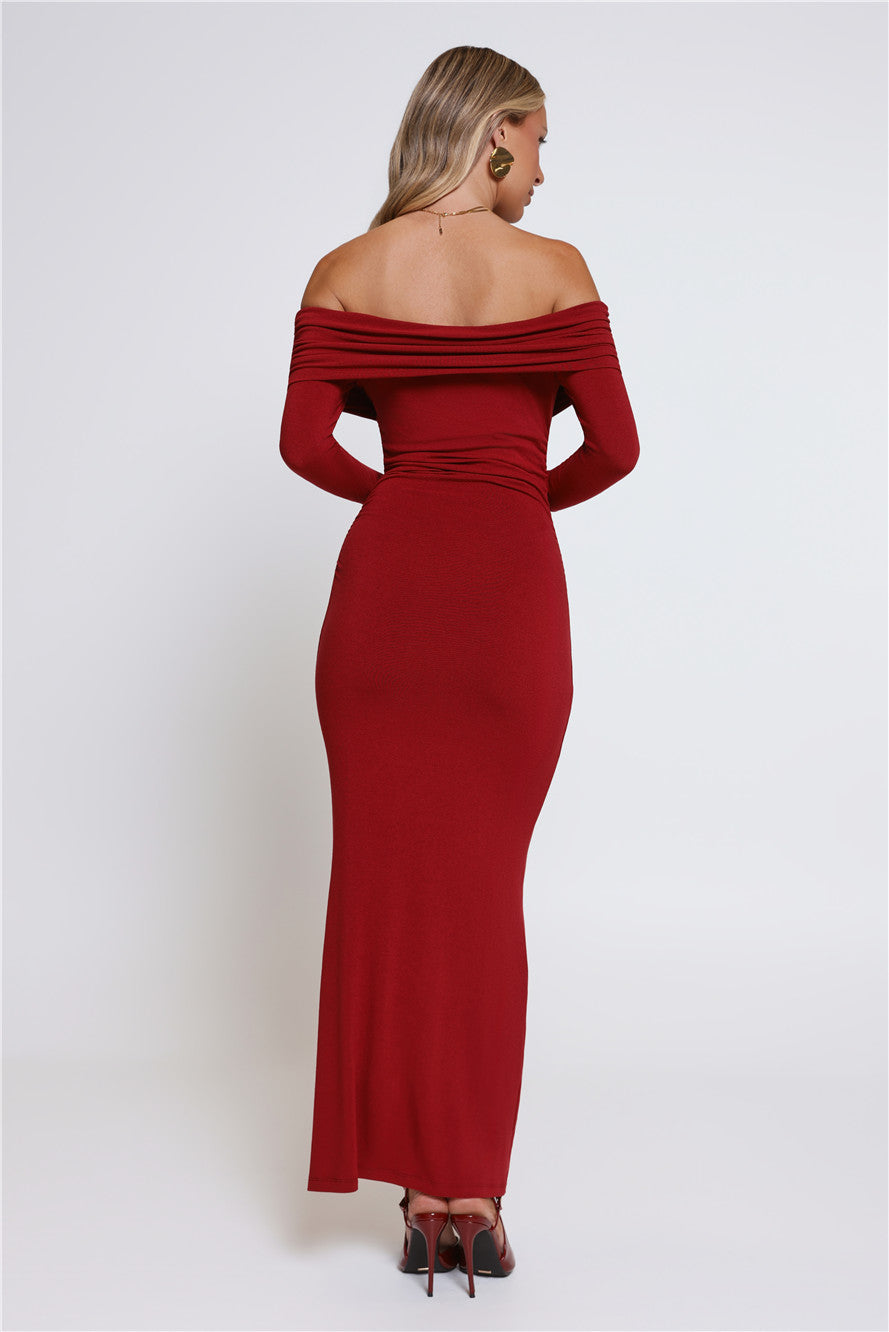 Mind Made Up Off Shoulder Long Sleeve Maxi Dress Wine