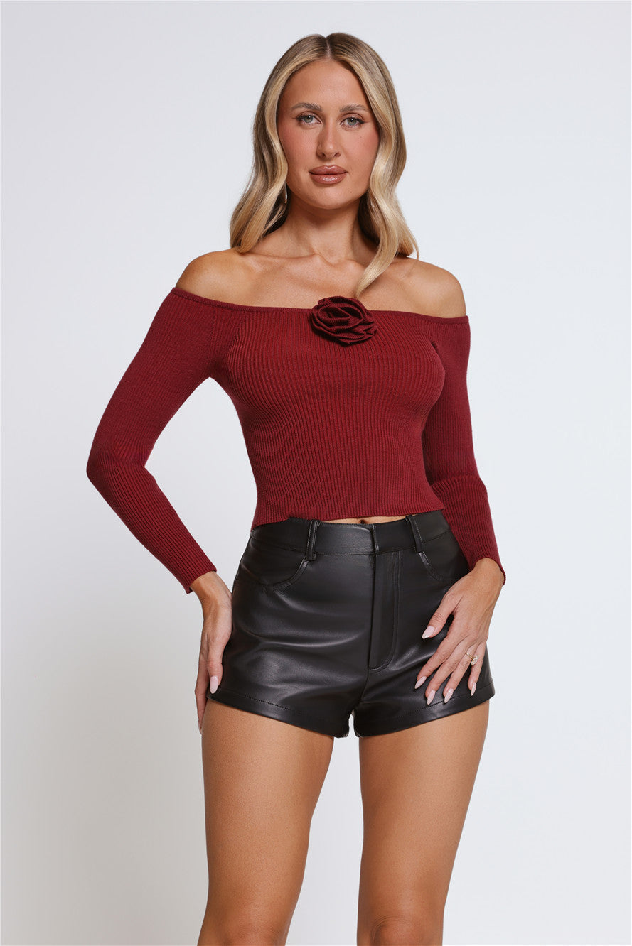 Rose Enchantment Ribbed Long Sleeve Top Wine