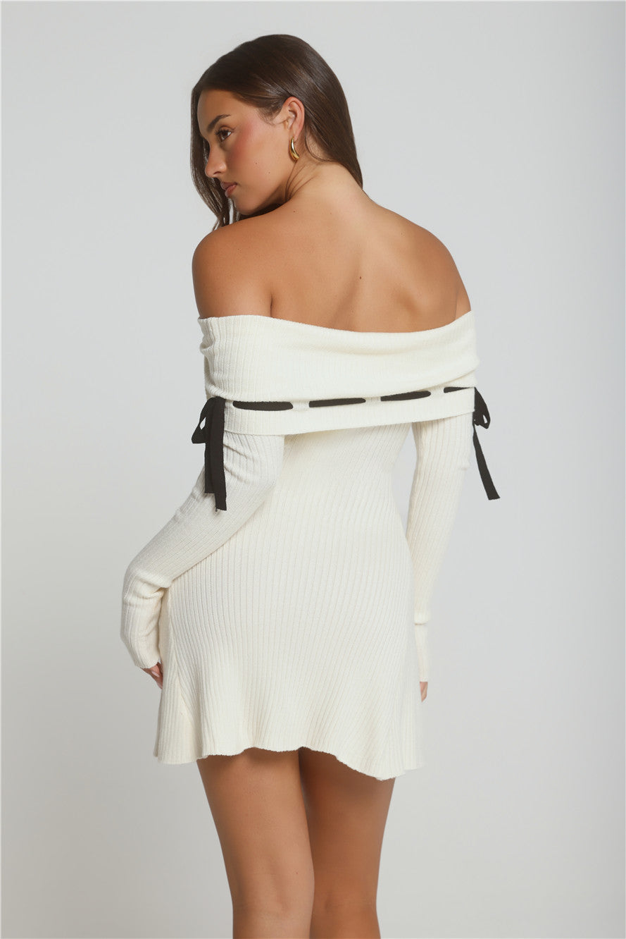 Winter Spice Off Shoulder Knit Mini Dress Cream
