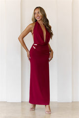Silk Essence Halter Maxi Dress Burgundy