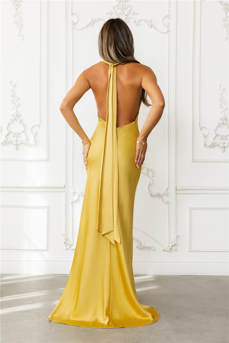 Nightfall Noir Halter Satin Maxi Dress Gold