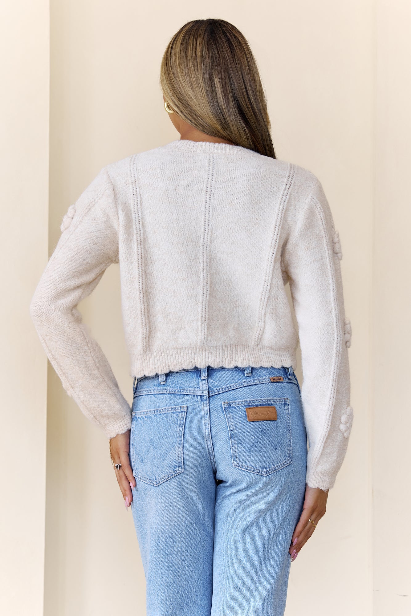 Pom Pom Long Sleeve Knit Cardigan Cream
