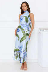 Romance In Bloom Satin Maxi Dress Blue