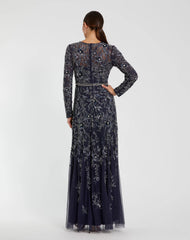 Navy Long Sleeve Floral Embellished A-line Gown
