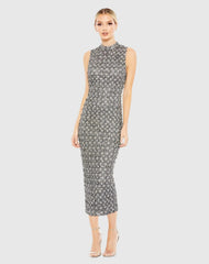 Gray Embellished High Neck Sleeveless Sheath Dress - FINAL SALE