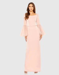 Pink Flounce Sleeve Square Neck Column Gown