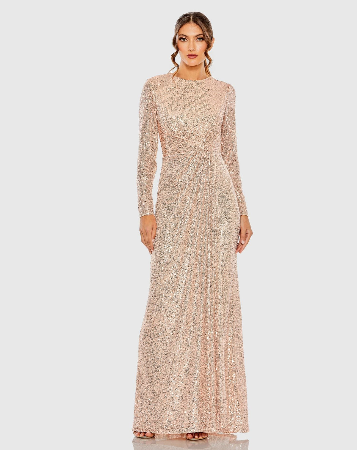Light Pink Sequined Side Knot Long Sleeve Gown