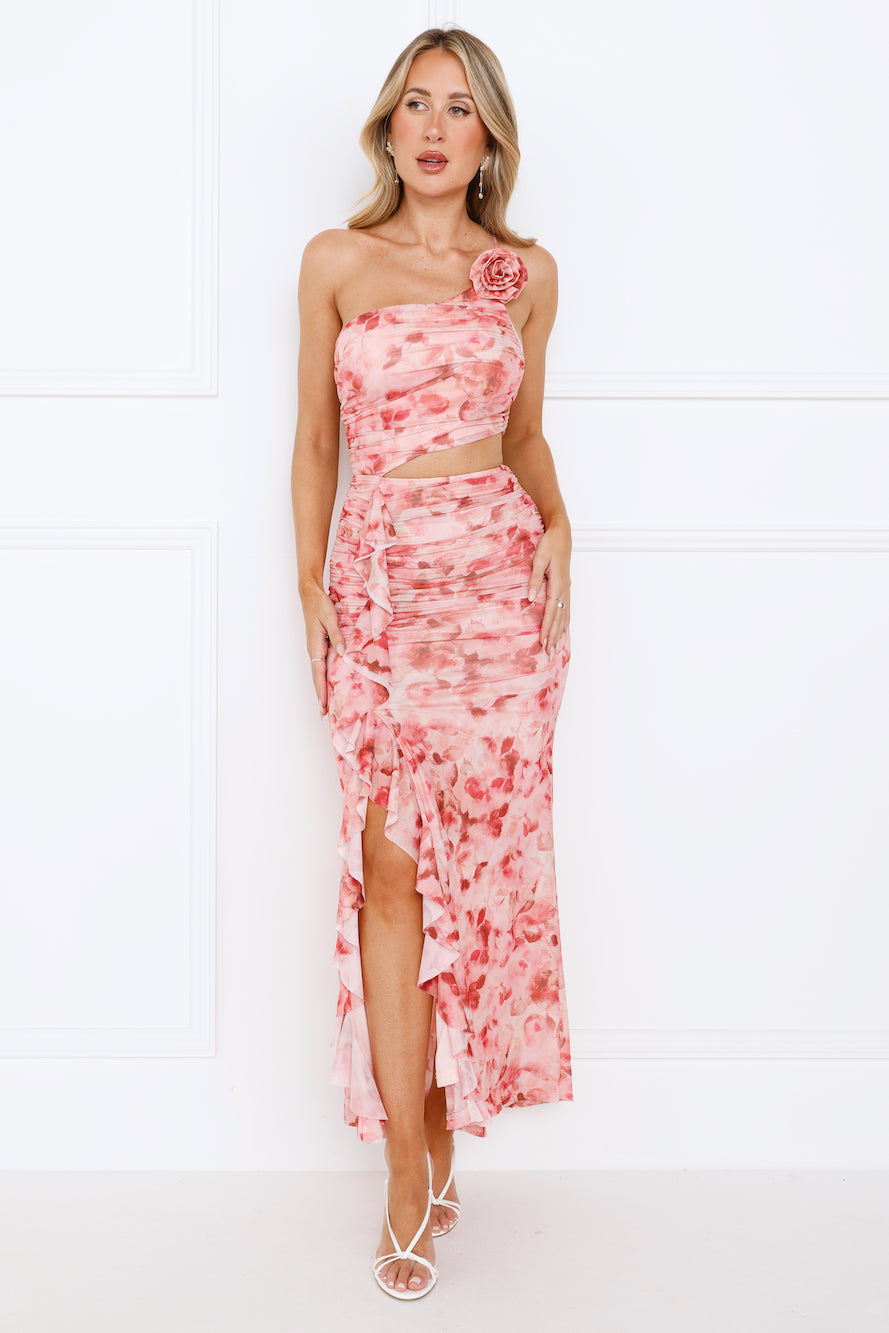 Rebel Rose One Shoulder Mesh Maxi Dress Pink