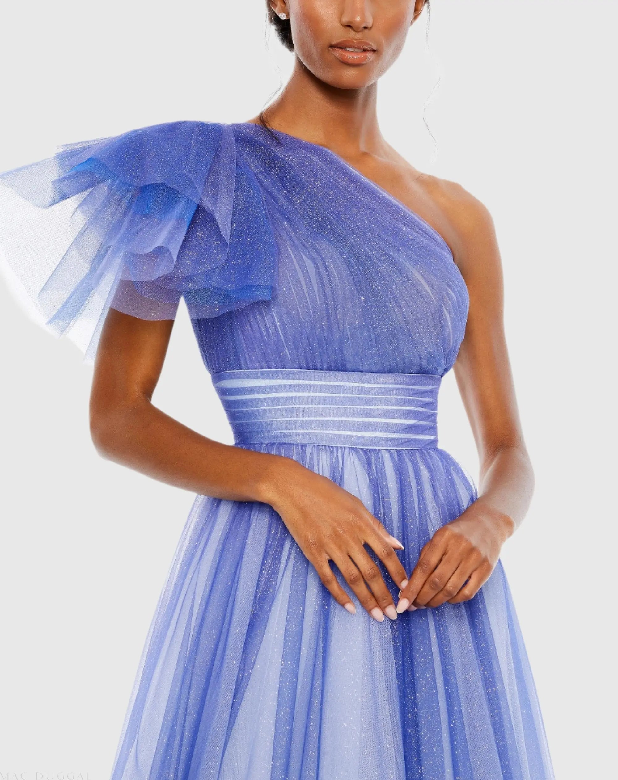 Blue Glitter Ombre Ruffled One Shoulder Ball Gown