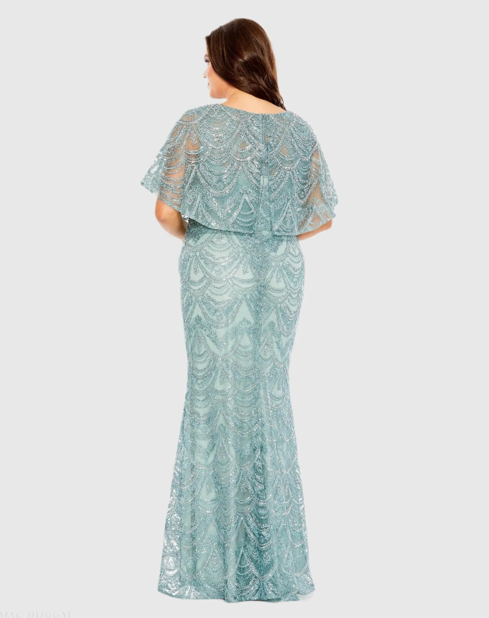 Blue High Neck Embellished Column Dress With Cape (Plus) - FINAL SALE