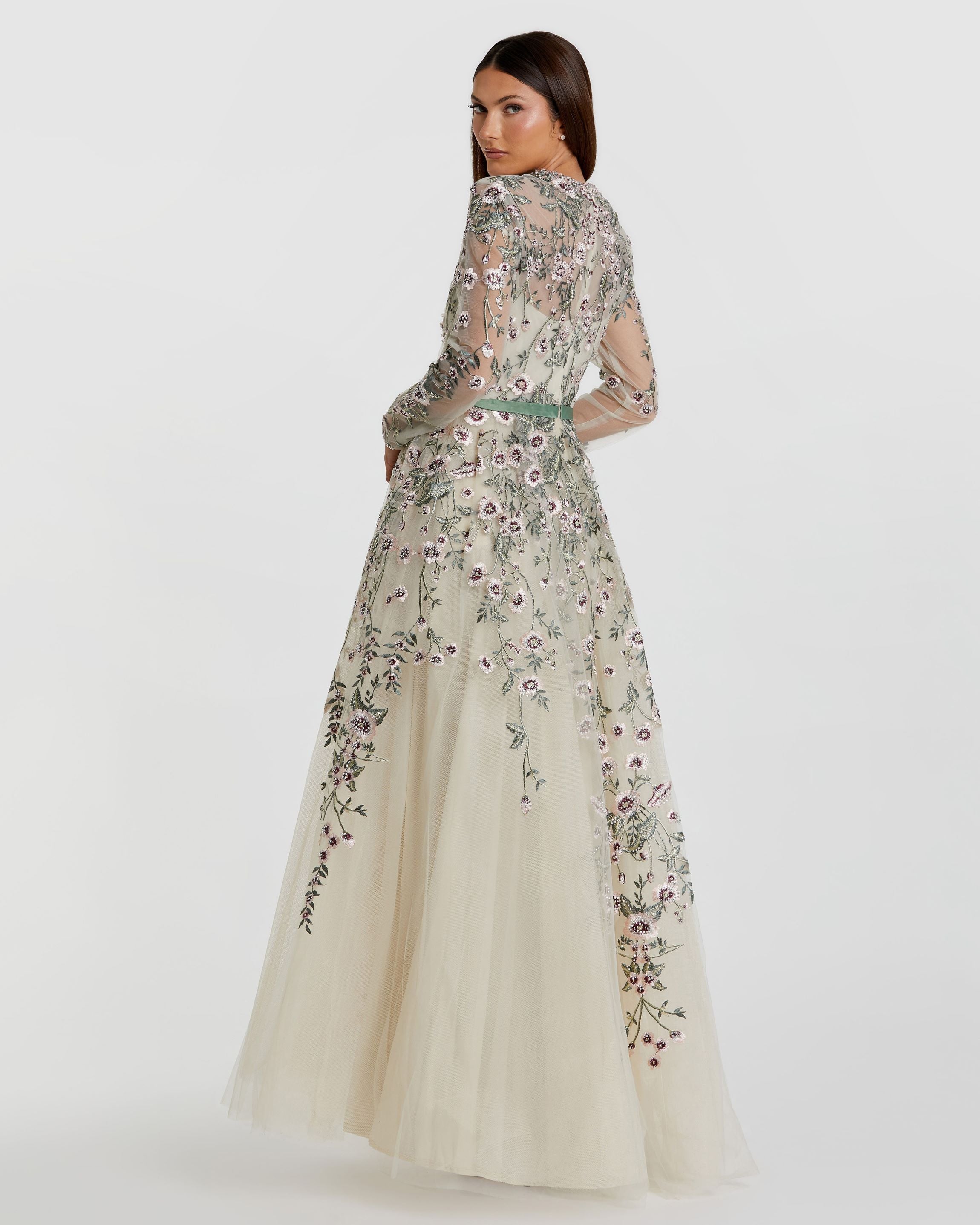 Ivory Long Sleeve Floral Embellished A-Line Gown
