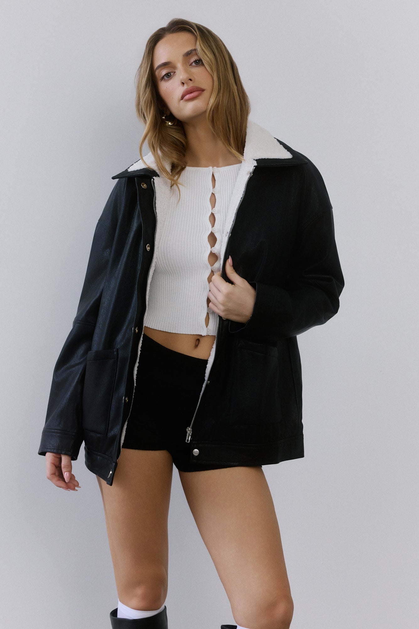 Midnight Snow Faux Leather Biker Jacket Black