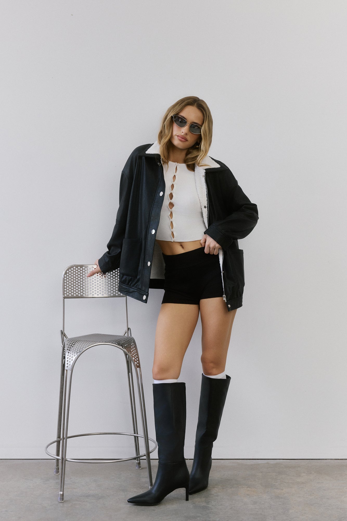 Midnight Snow Faux Leather Biker Jacket Black