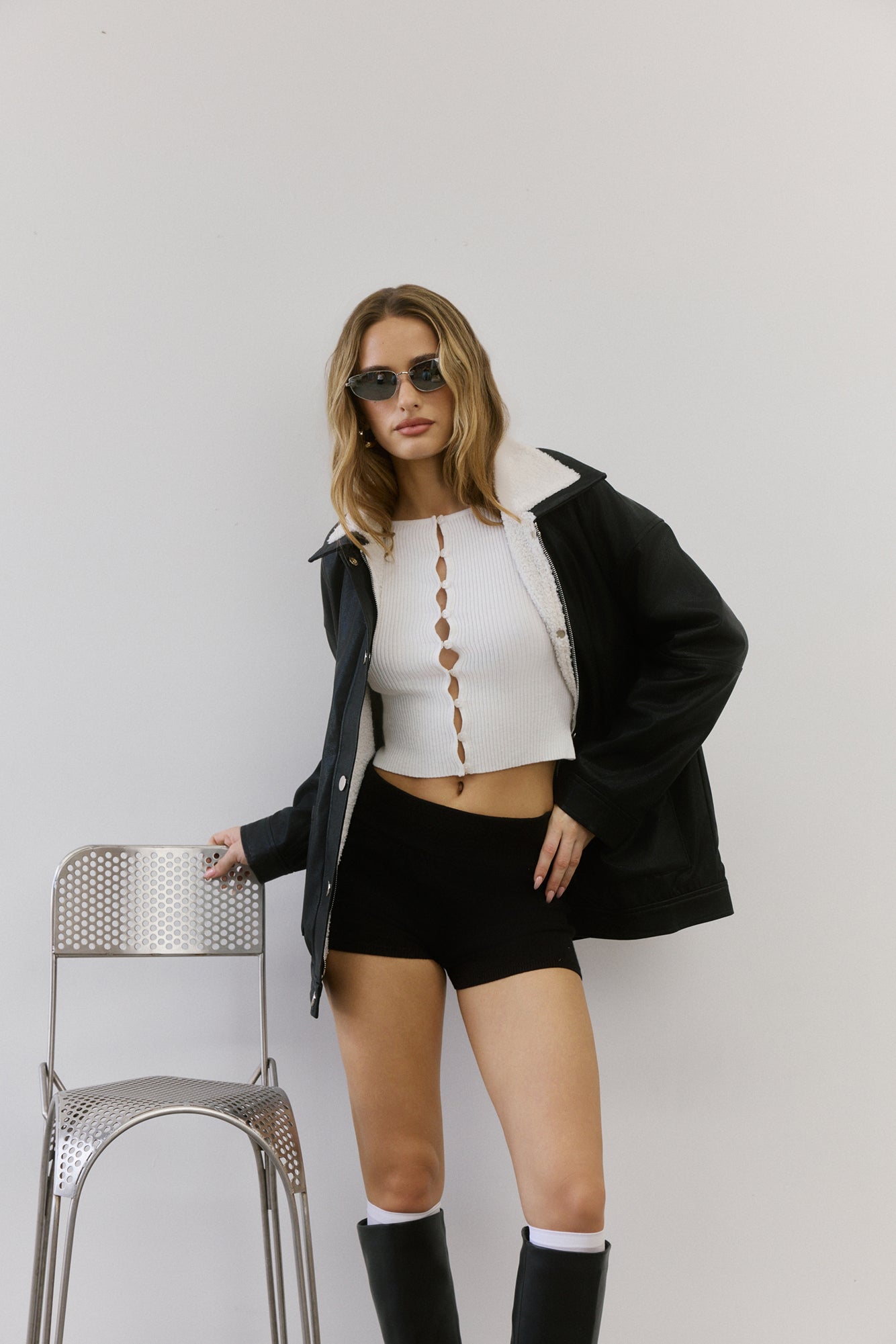 Midnight Snow Faux Leather Biker Jacket Black