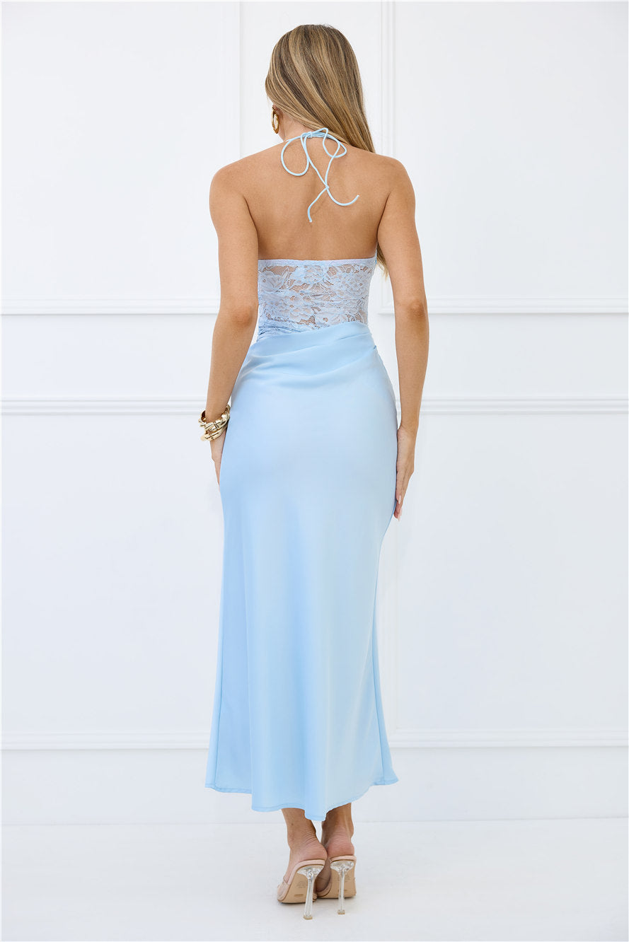 Radiate Positivity Halter Lace Maxi Dress Blue