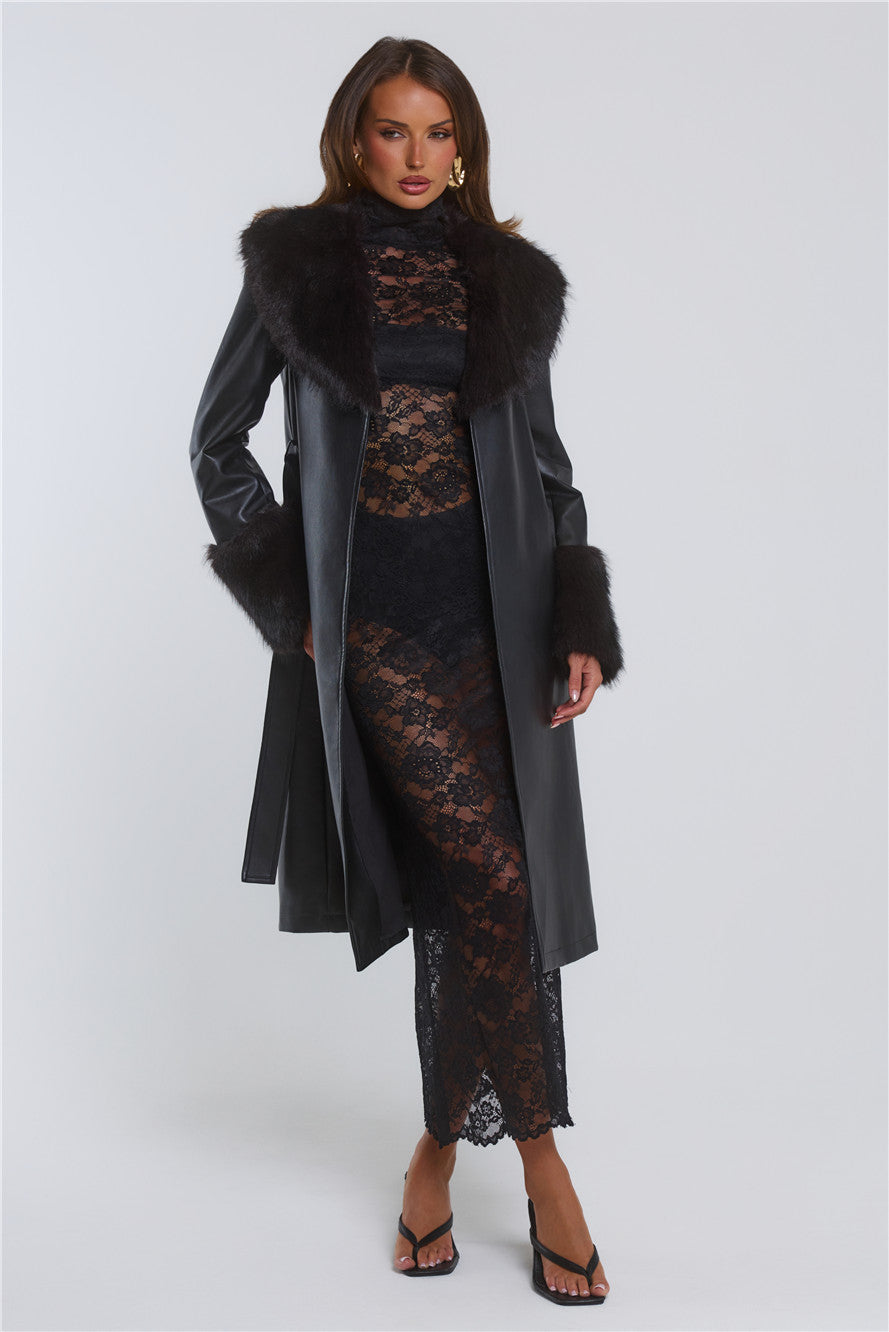 The Front Row Belted Faux Leather Fur Coat Black