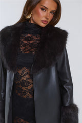 The Front Row Belted Faux Leather Fur Coat Black