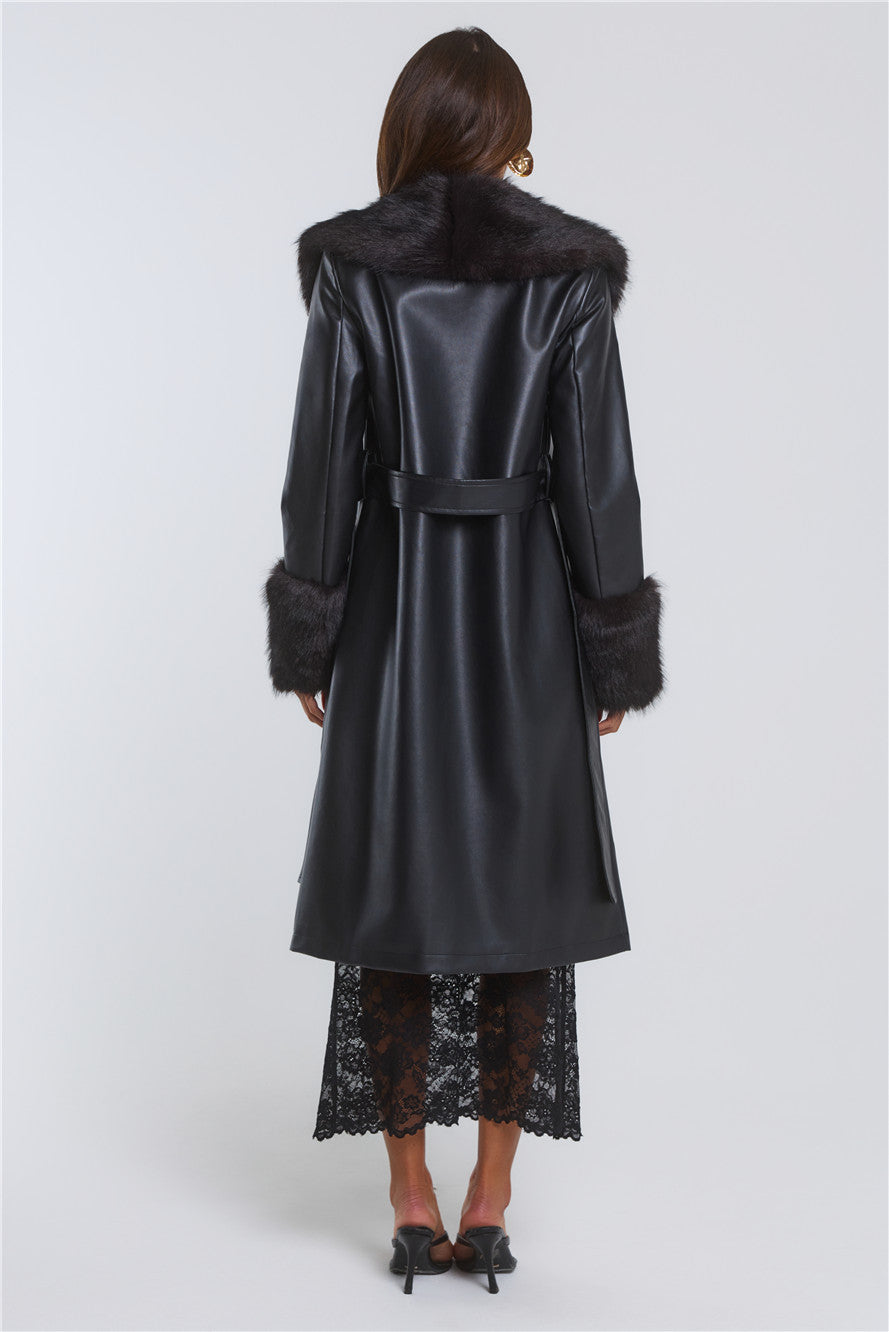 The Front Row Belted Faux Leather Fur Coat Black