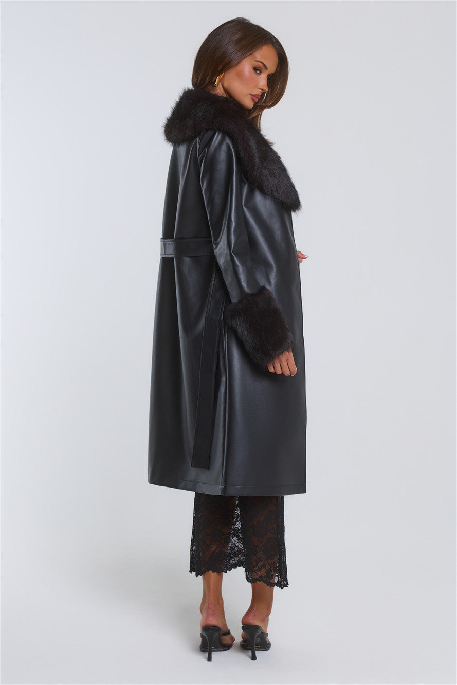 The Front Row Belted Faux Leather Fur Coat Black