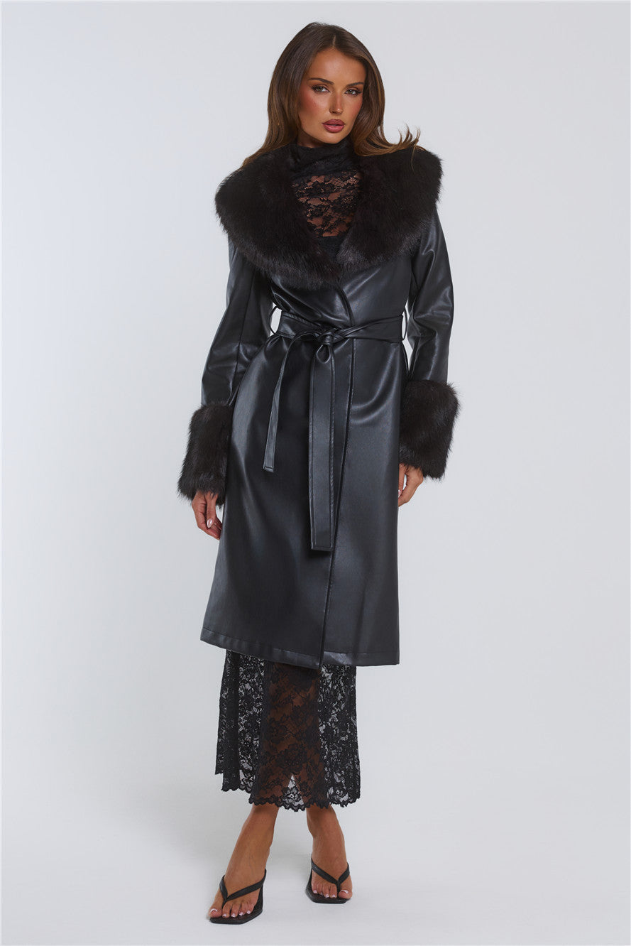 The Front Row Belted Faux Leather Fur Coat Black