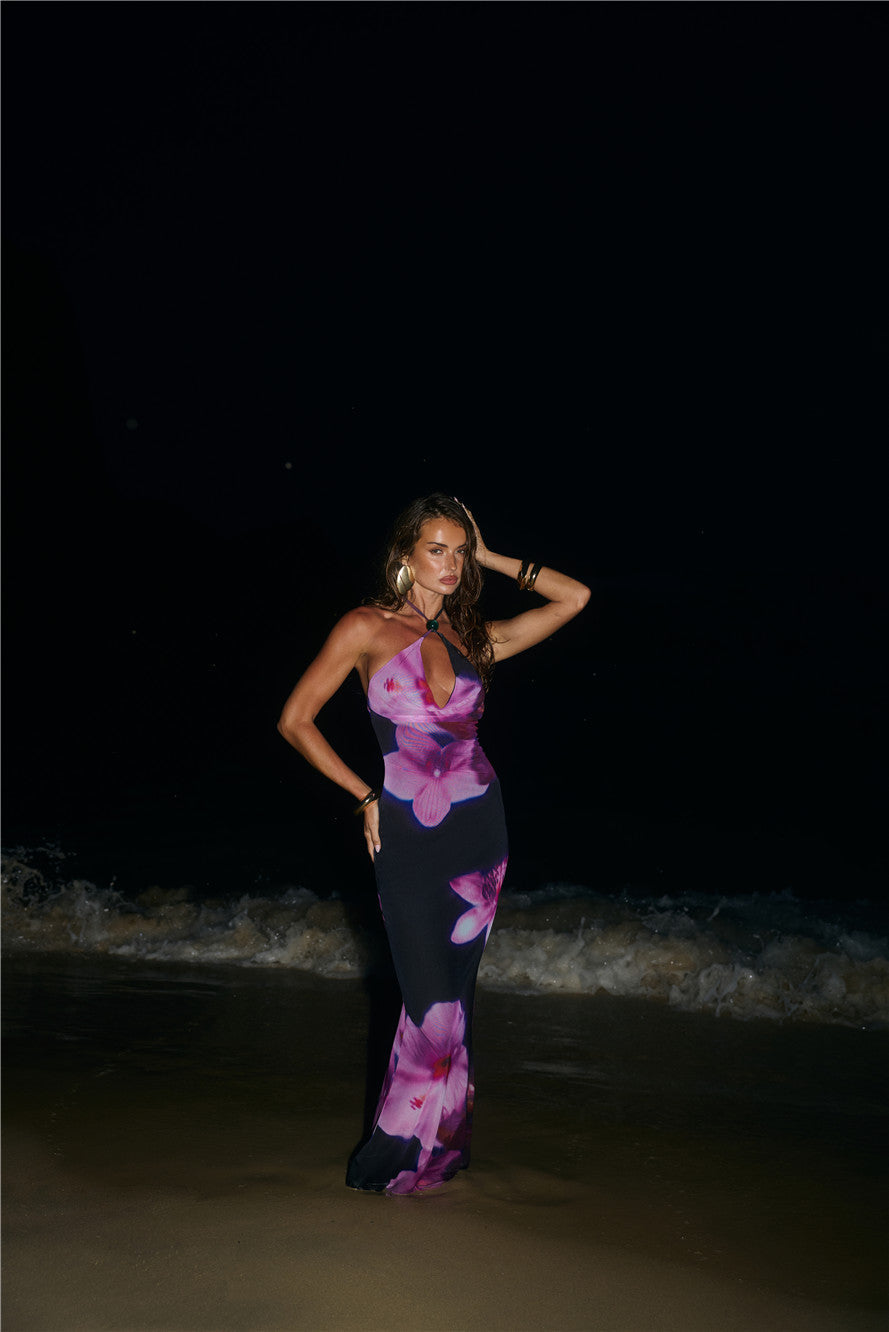 Midnight Blossoms Halter Maxi Dress Floral