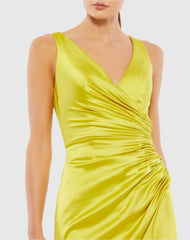 Green Satin Ruched V-Neck Faux Wrap Midi Dress
