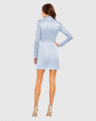 Blue Mock Neck Draped Long Sleeve Mini Dress