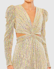 Gold Metallic Puff Sleeve Front Twist Cut Out Gown