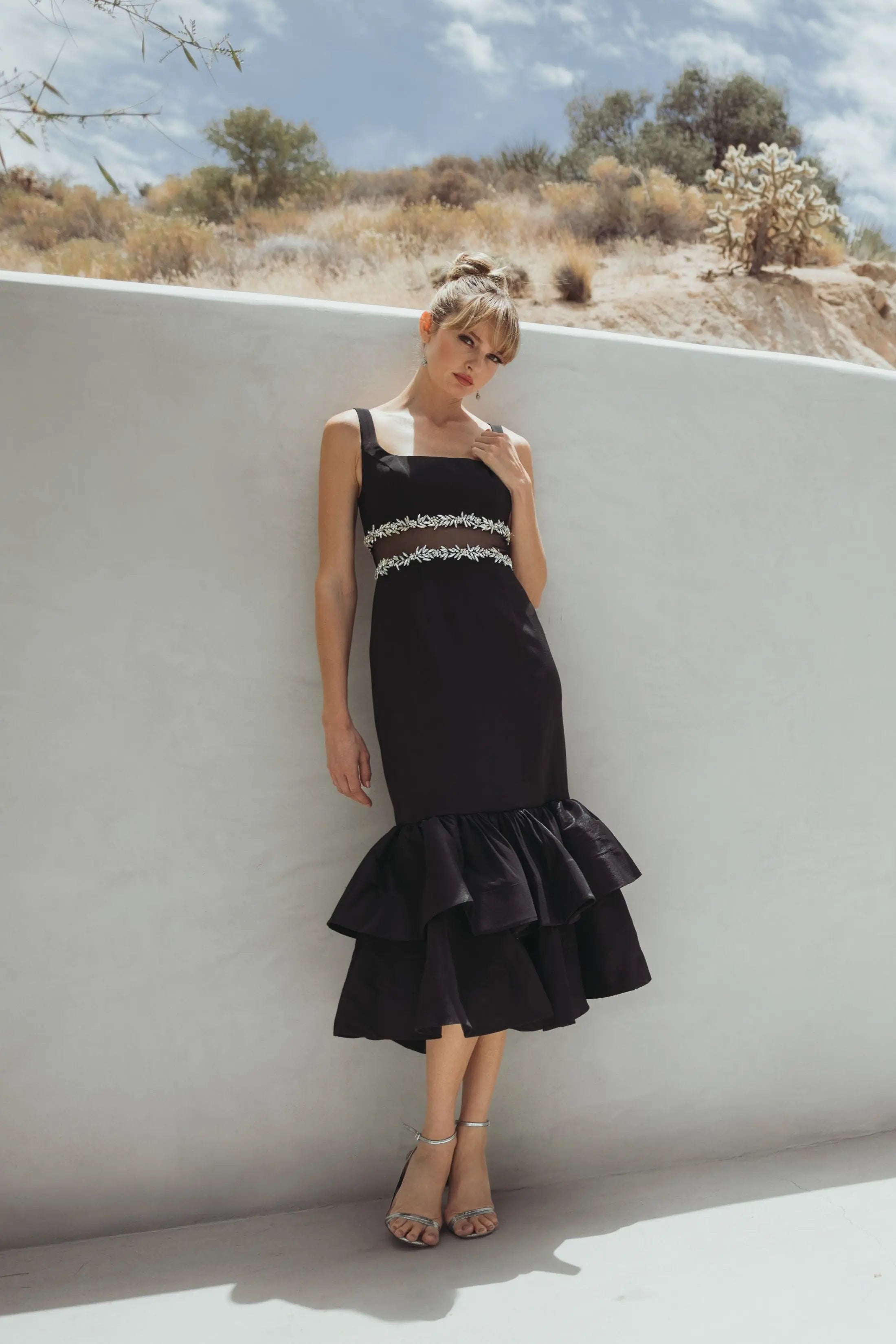 Black Crepe Ruffle Hem Midi Dress With Jewel Detail