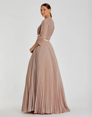 Pink Shimmering Pleated  3/4 Sleeve Ball Gown